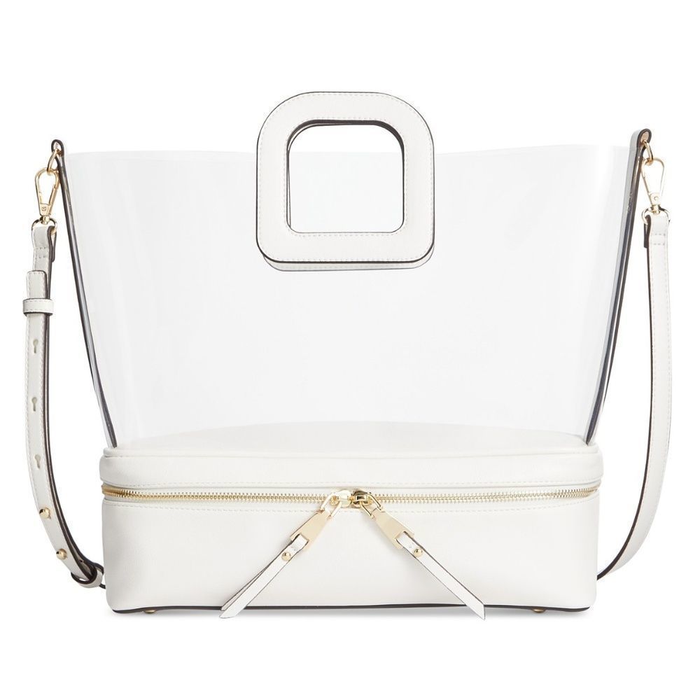 Vinyl Inc International Clear Transparent Maxi Tote White Strap Zip Drop Bottom